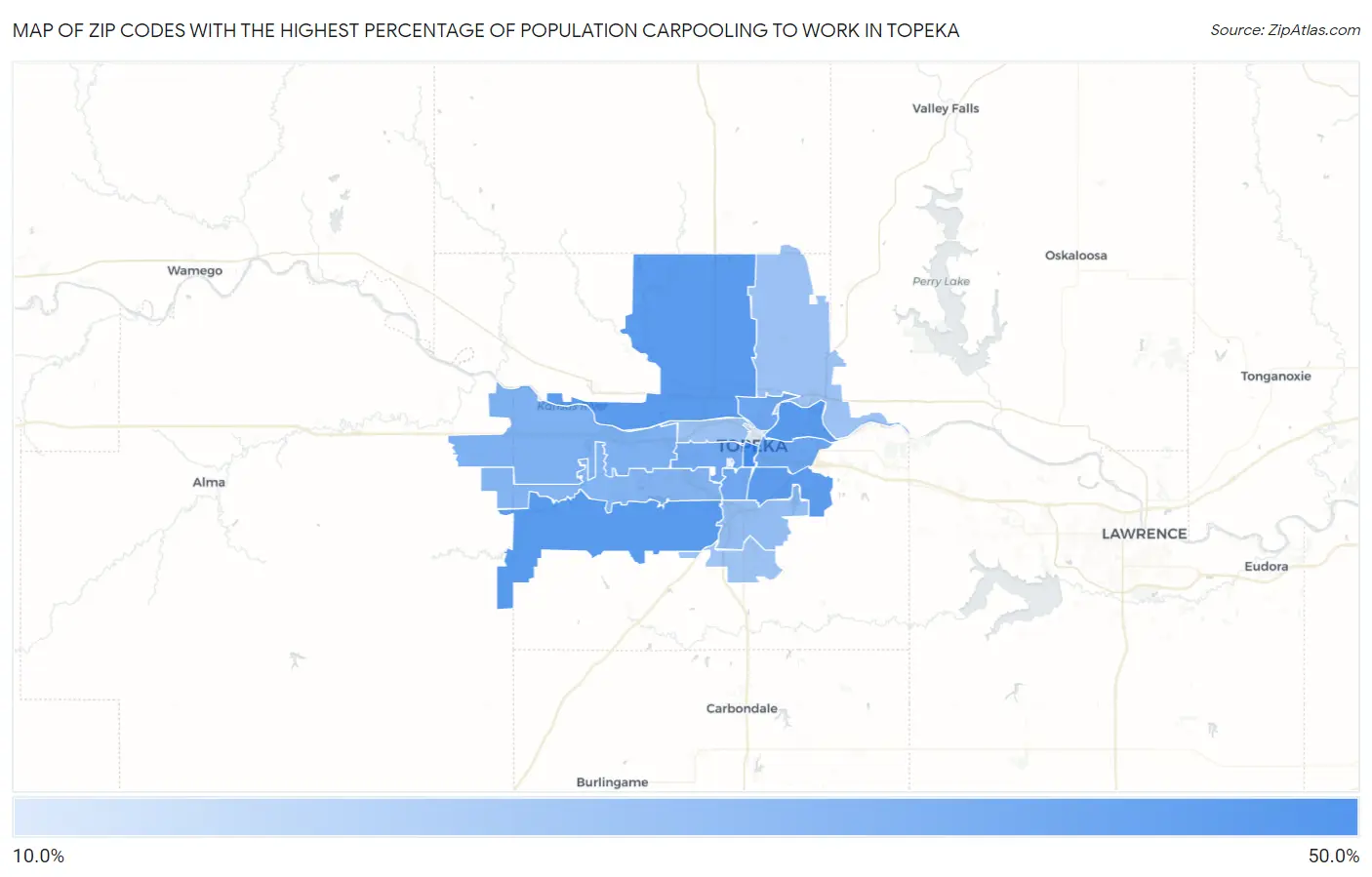 Zip Codes with the Highest Percentage of Population Carpooling to Work in Topeka Map