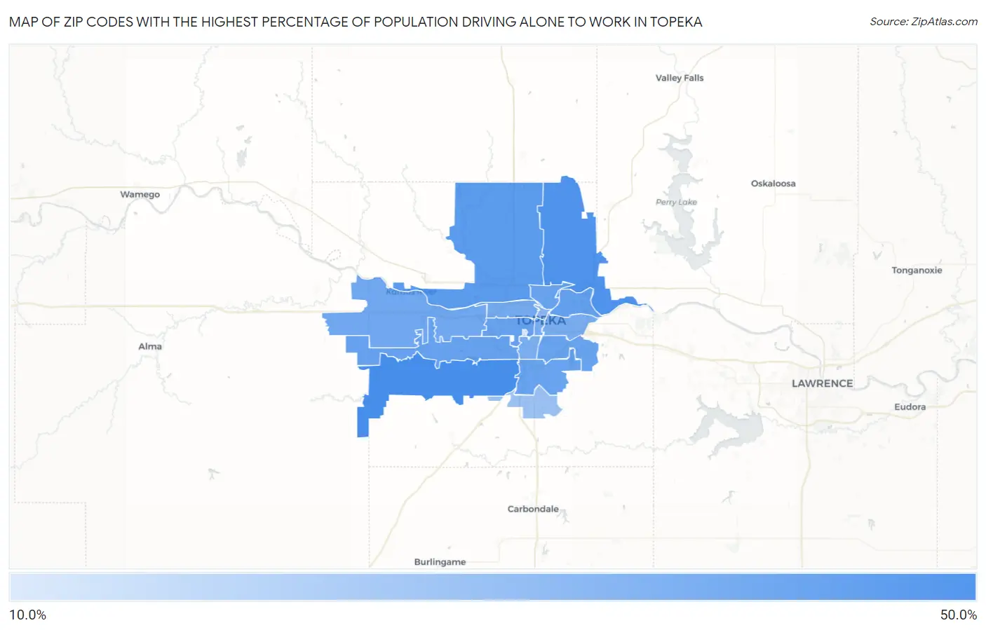 Zip Codes with the Highest Percentage of Population Driving Alone to Work in Topeka Map