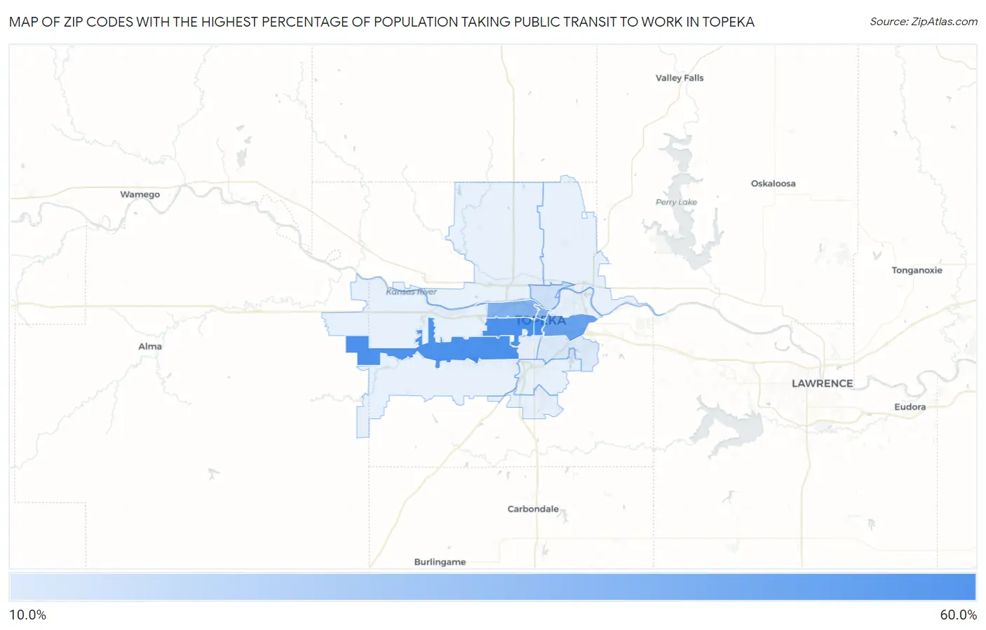 Zip Codes with the Highest Percentage of Population Taking Public Transit to Work in Topeka Map