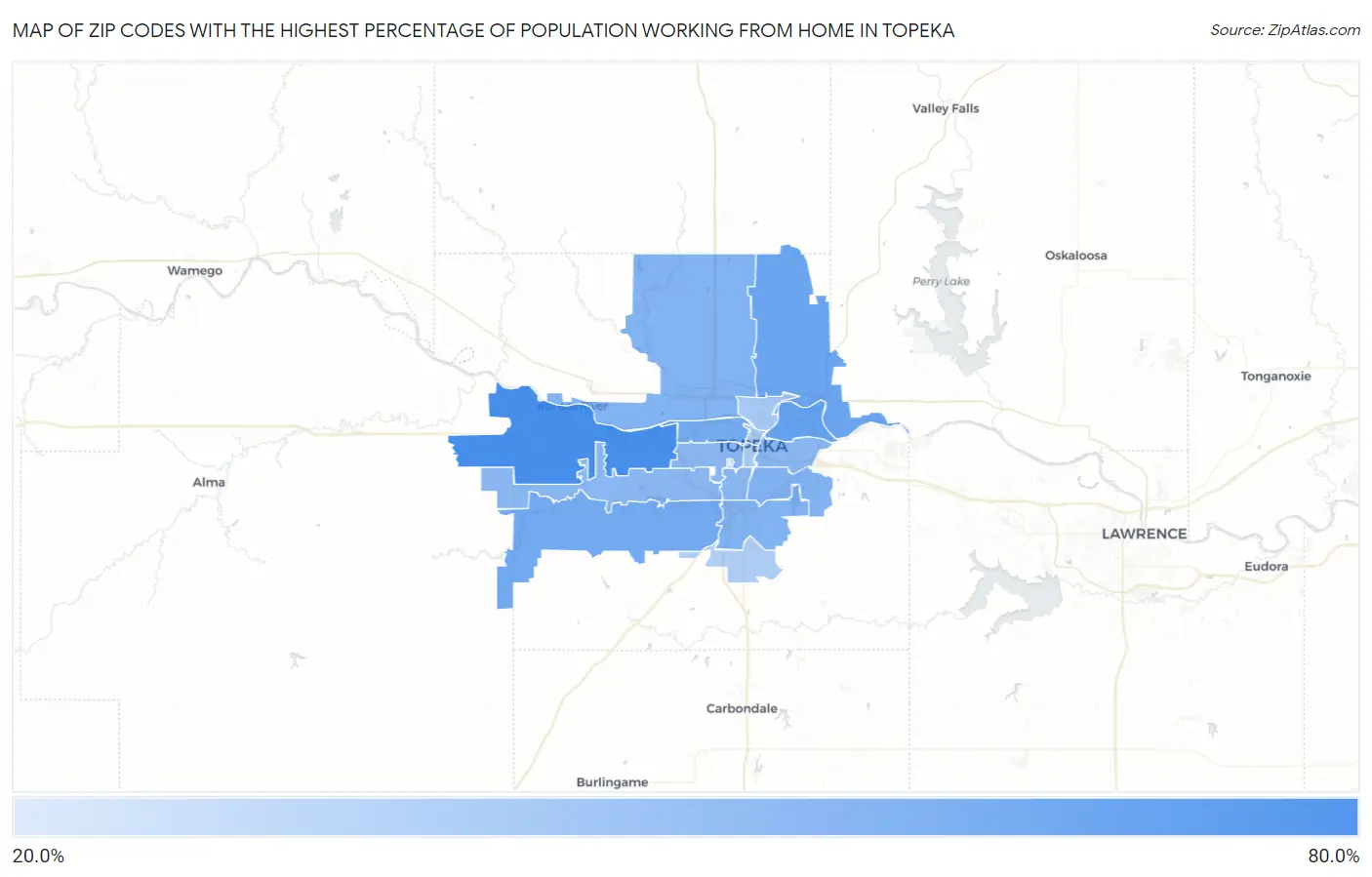Zip Codes with the Highest Percentage of Population Working from Home in Topeka Map