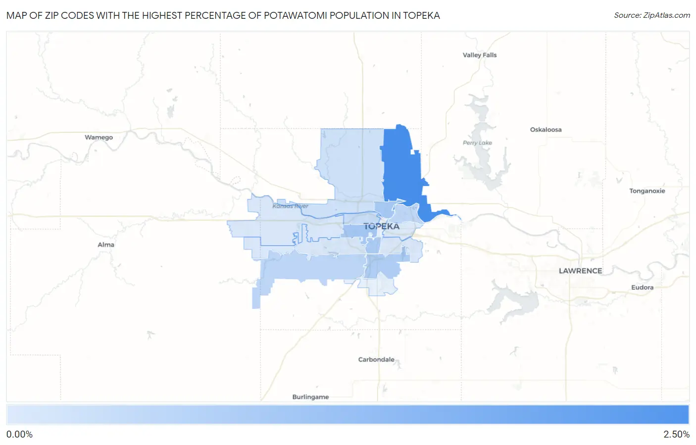 Zip Codes with the Highest Percentage of Potawatomi Population in Topeka Map