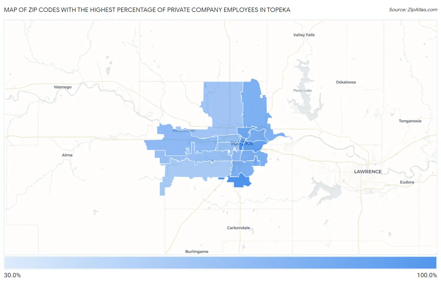 Zip Codes with the Highest Percentage of Private Company Employees in Topeka Map