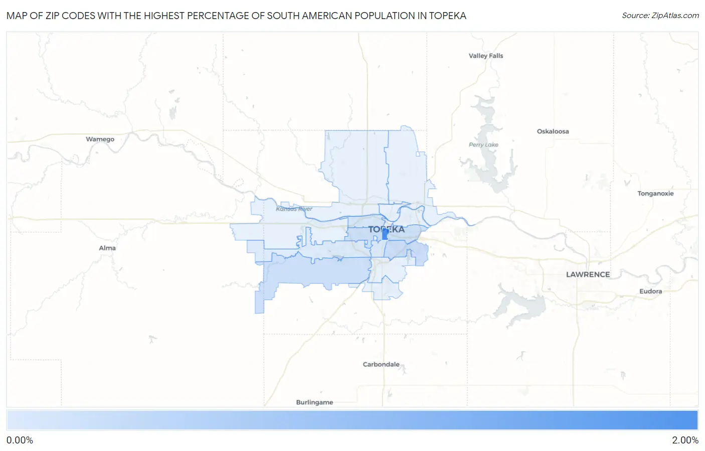 Zip Codes with the Highest Percentage of South American Population in Topeka Map