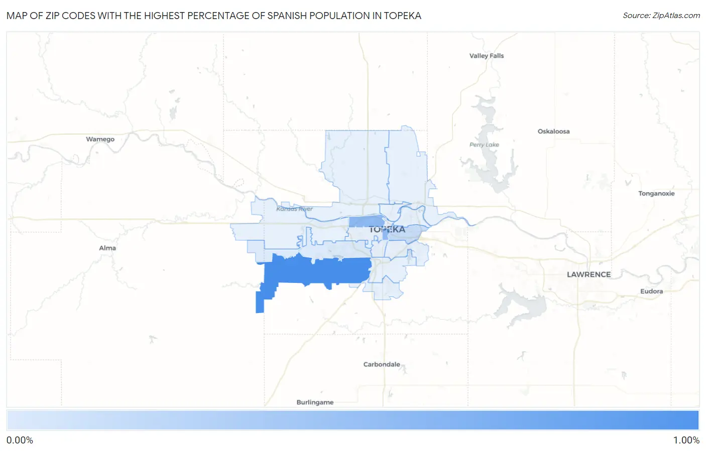 Zip Codes with the Highest Percentage of Spanish Population in Topeka Map