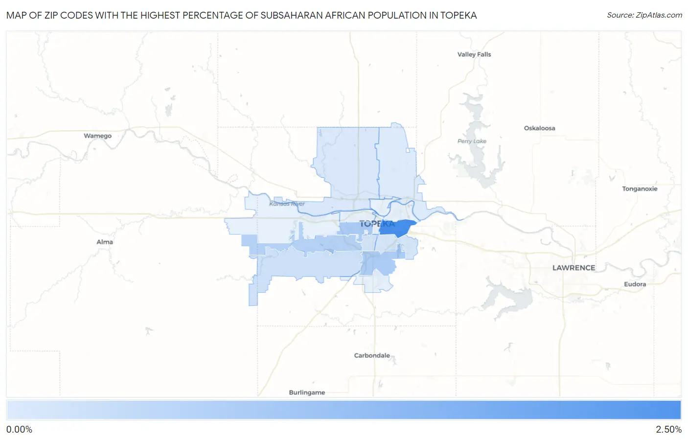 Zip Codes with the Highest Percentage of Subsaharan African Population in Topeka Map