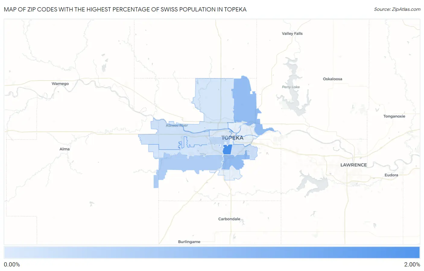 Zip Codes with the Highest Percentage of Swiss Population in Topeka Map