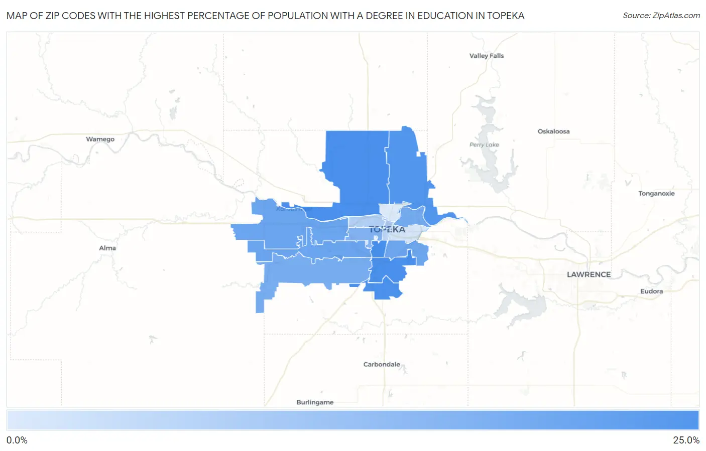 Zip Codes with the Highest Percentage of Population with a Degree in Education in Topeka Map