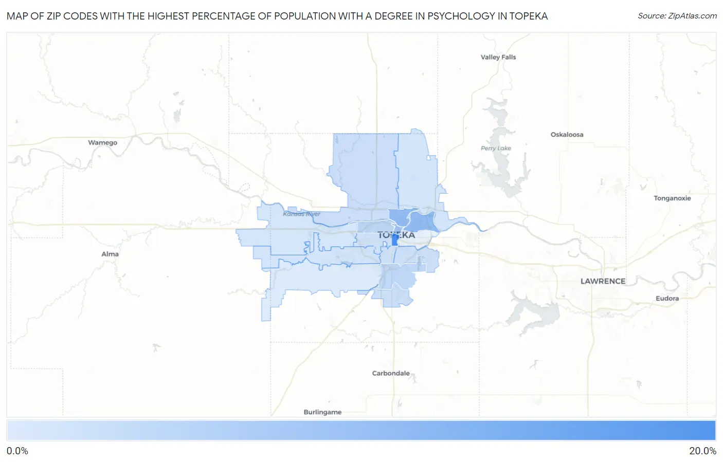 Zip Codes with the Highest Percentage of Population with a Degree in Psychology in Topeka Map