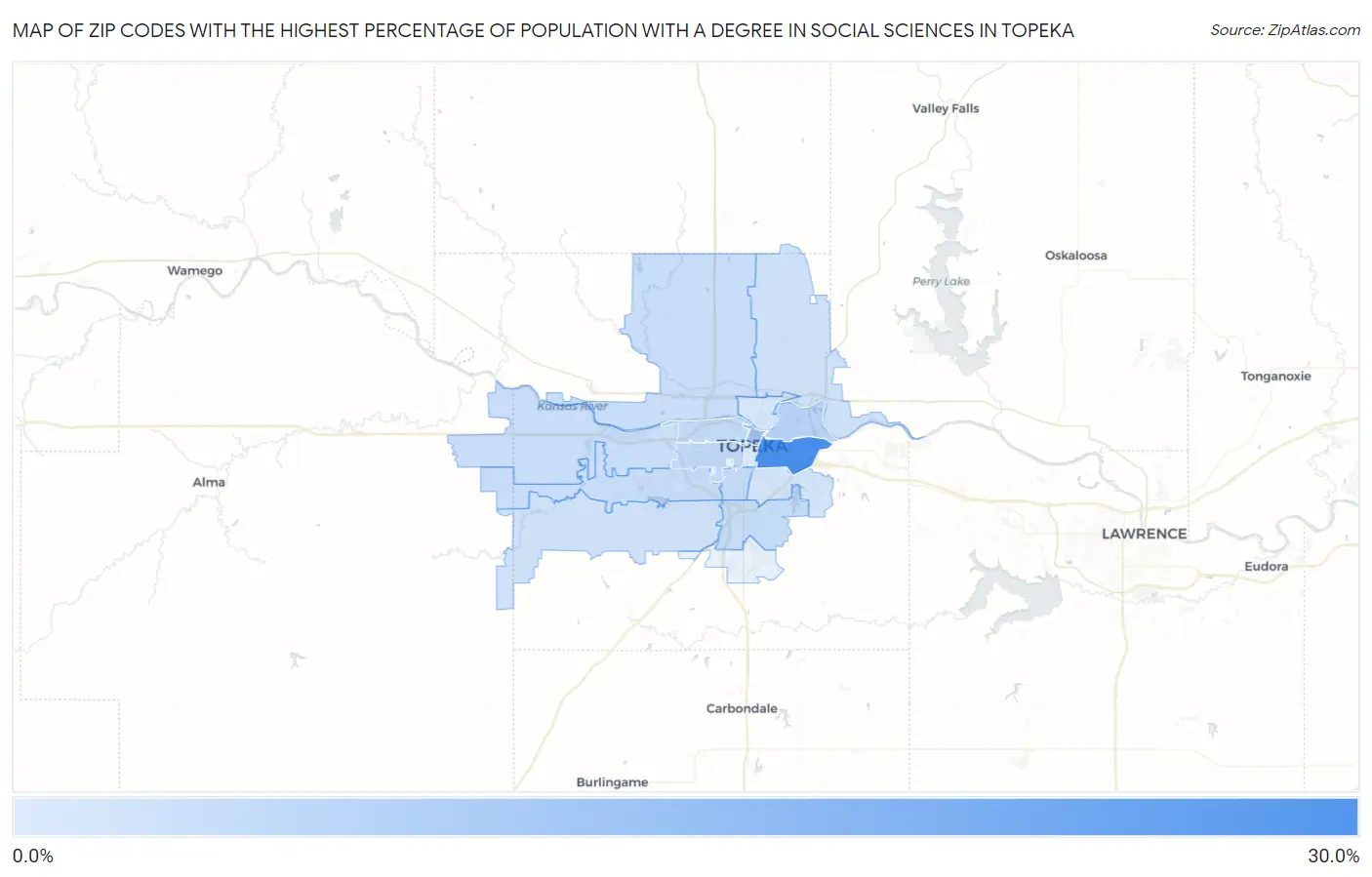 Zip Codes with the Highest Percentage of Population with a Degree in Social Sciences in Topeka Map