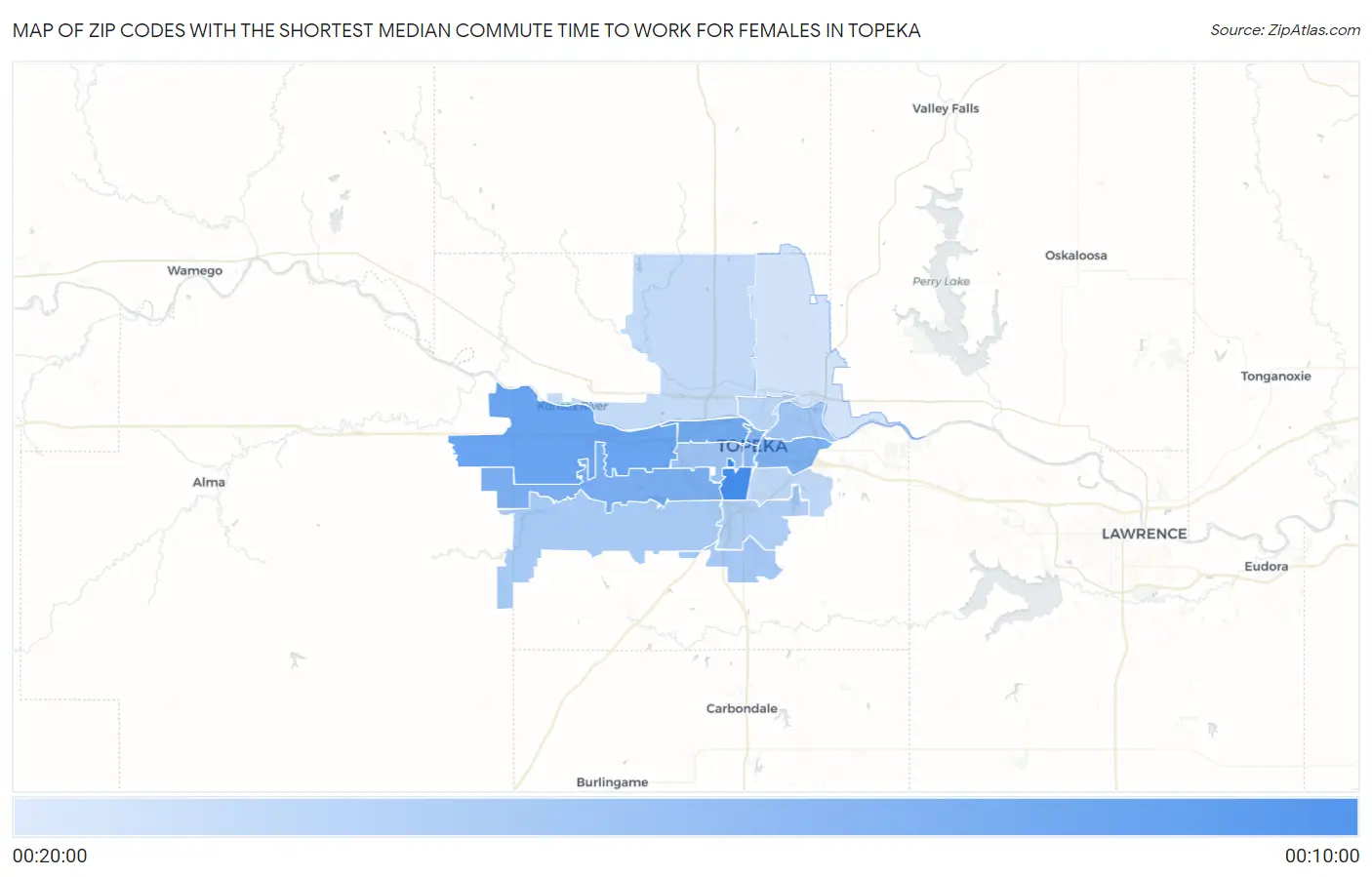 Zip Codes with the Shortest Median Commute Time to Work for Females in Topeka Map