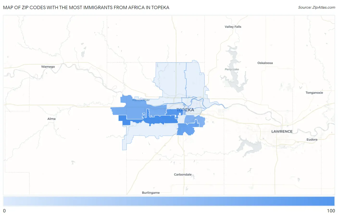 Zip Codes with the Most Immigrants from Africa in Topeka Map