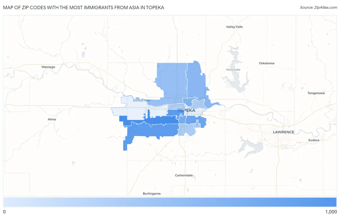 Zip Codes with the Most Immigrants from Asia in Topeka Map