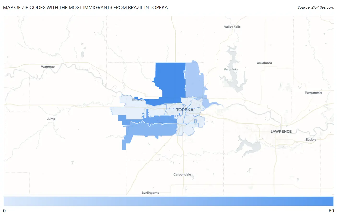 Zip Codes with the Most Immigrants from Brazil in Topeka Map