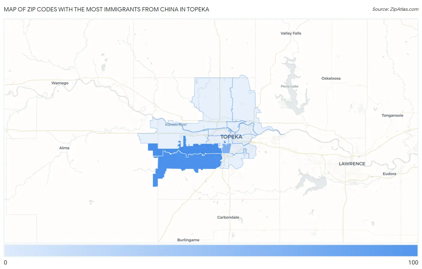Zip Codes with the Most Immigrants from China in Topeka Map
