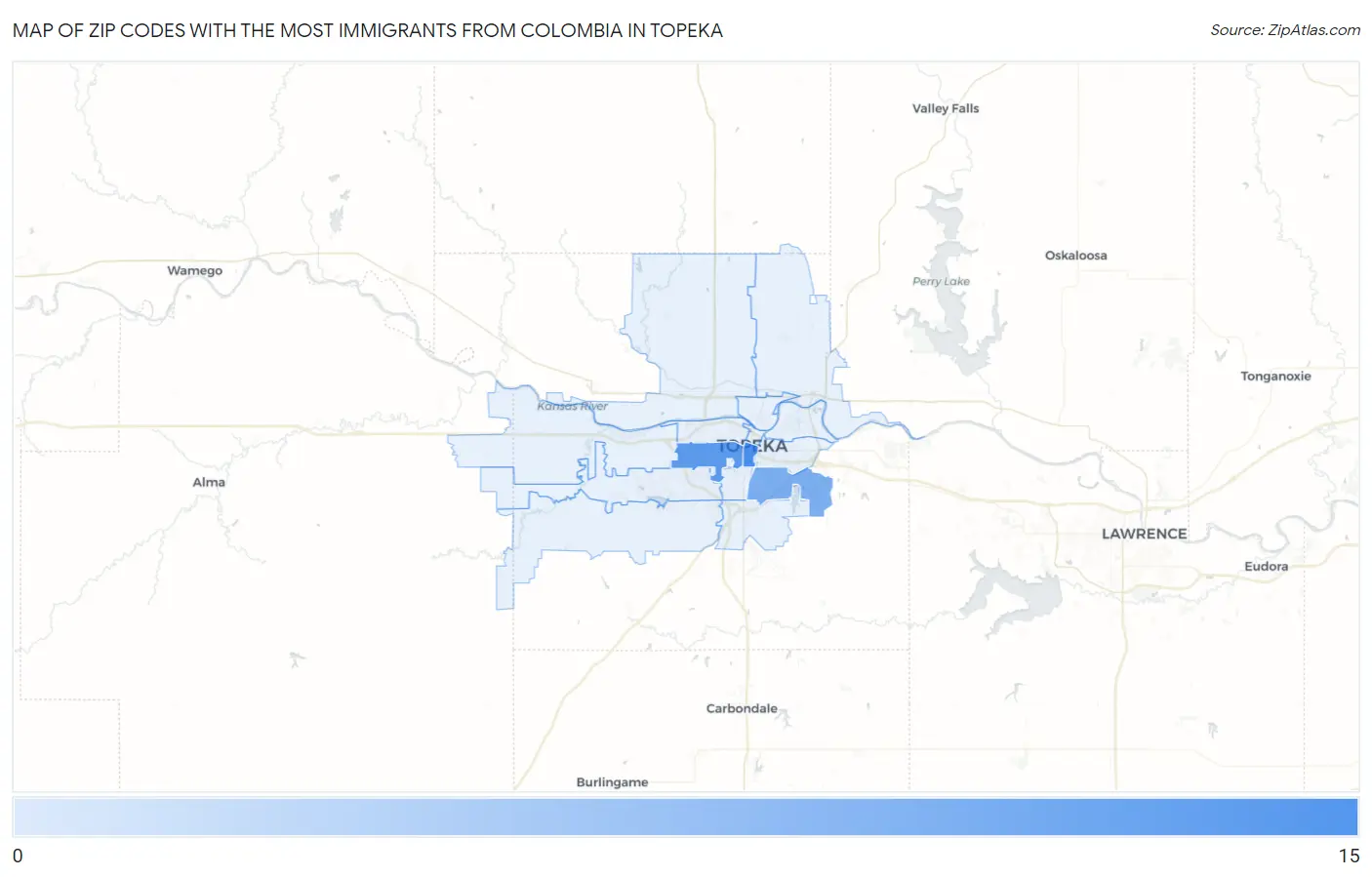 Zip Codes with the Most Immigrants from Colombia in Topeka Map