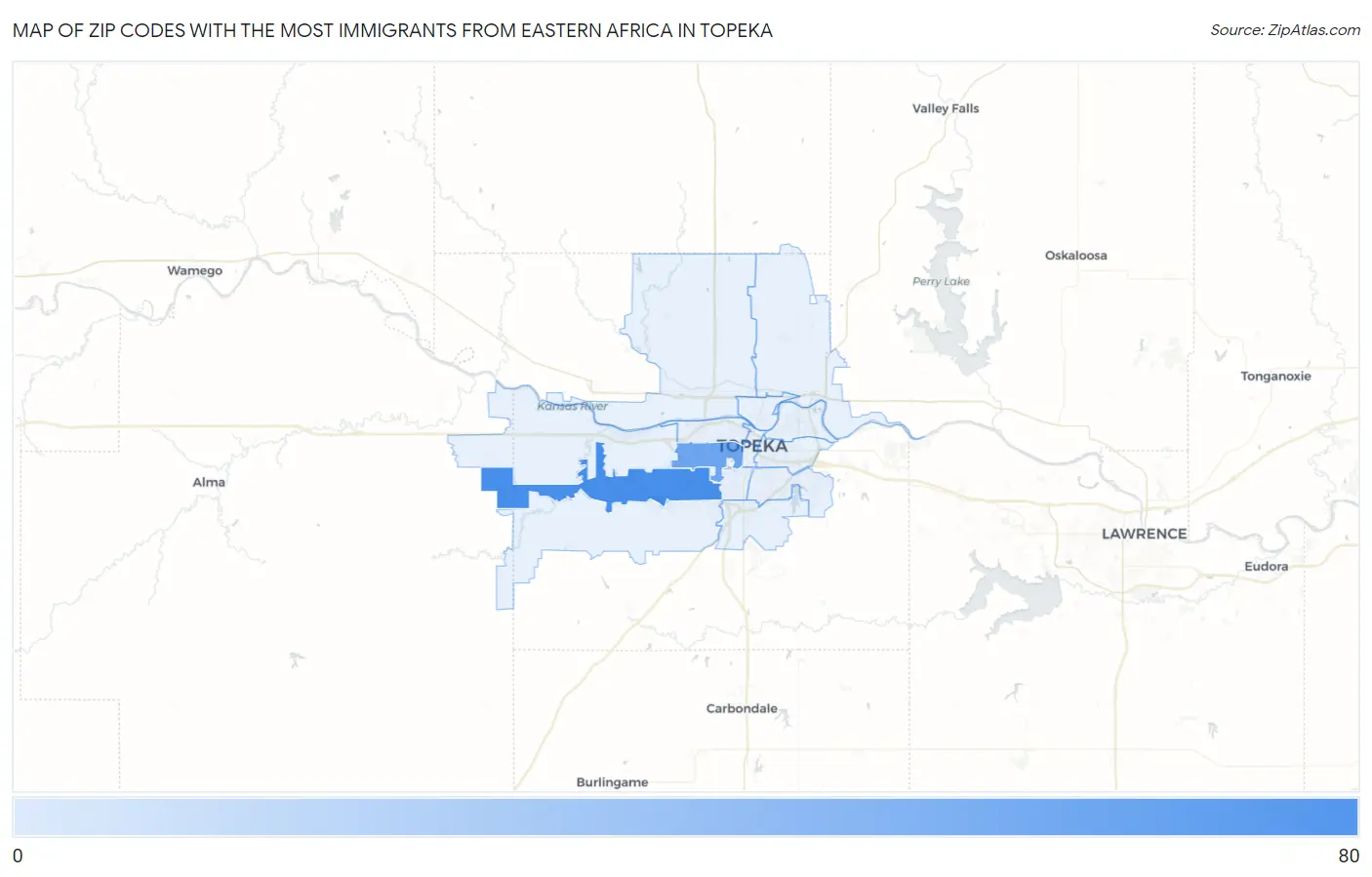 Zip Codes with the Most Immigrants from Eastern Africa in Topeka Map