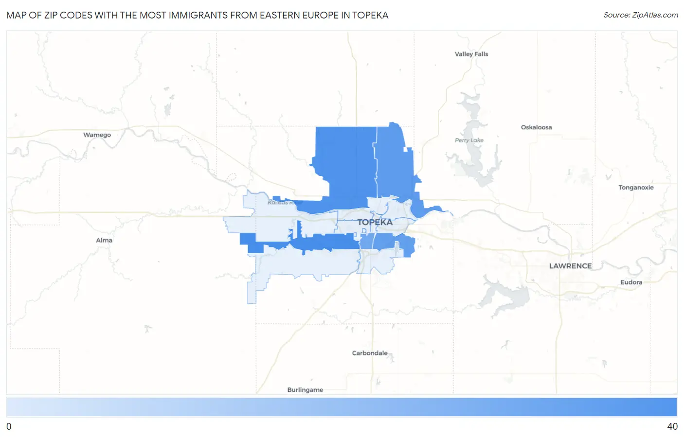 Zip Codes with the Most Immigrants from Eastern Europe in Topeka Map