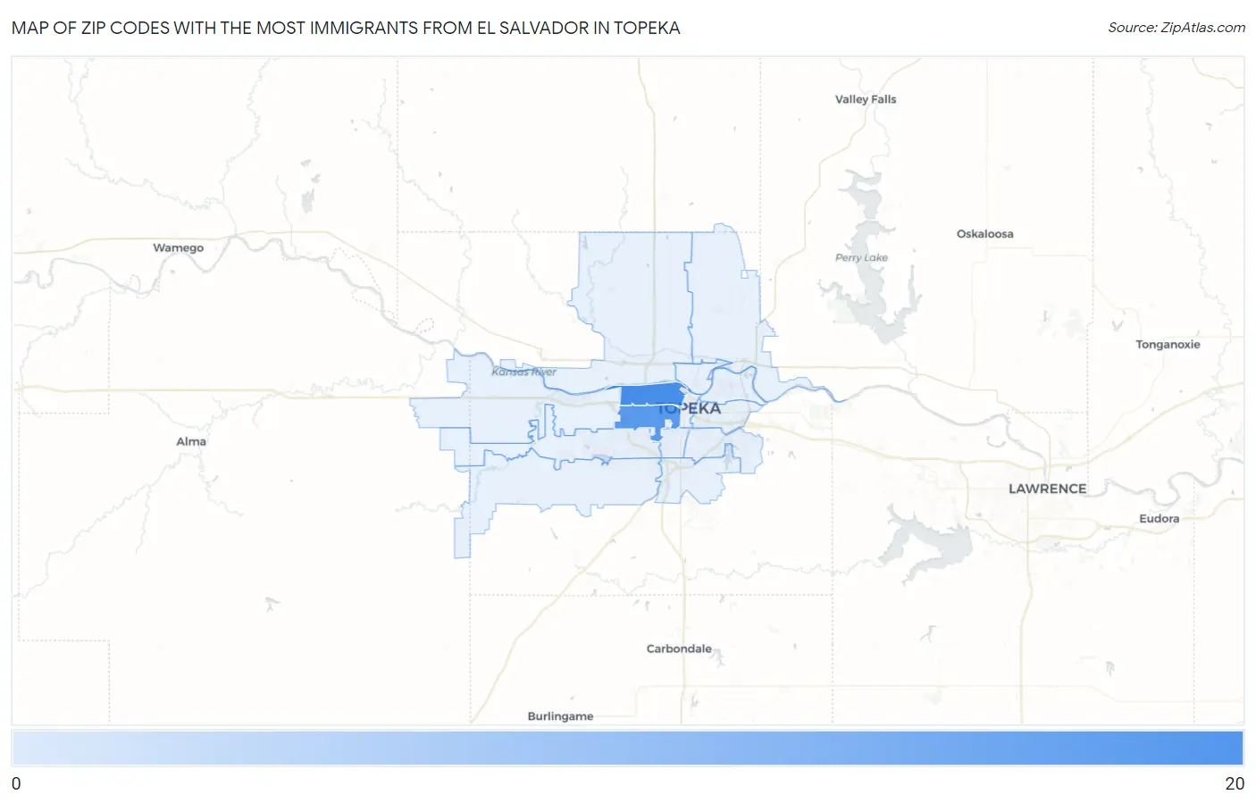 Zip Codes with the Most Immigrants from El Salvador in Topeka Map