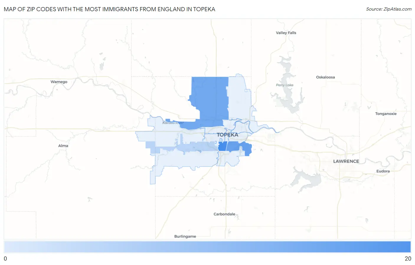 Zip Codes with the Most Immigrants from England in Topeka Map