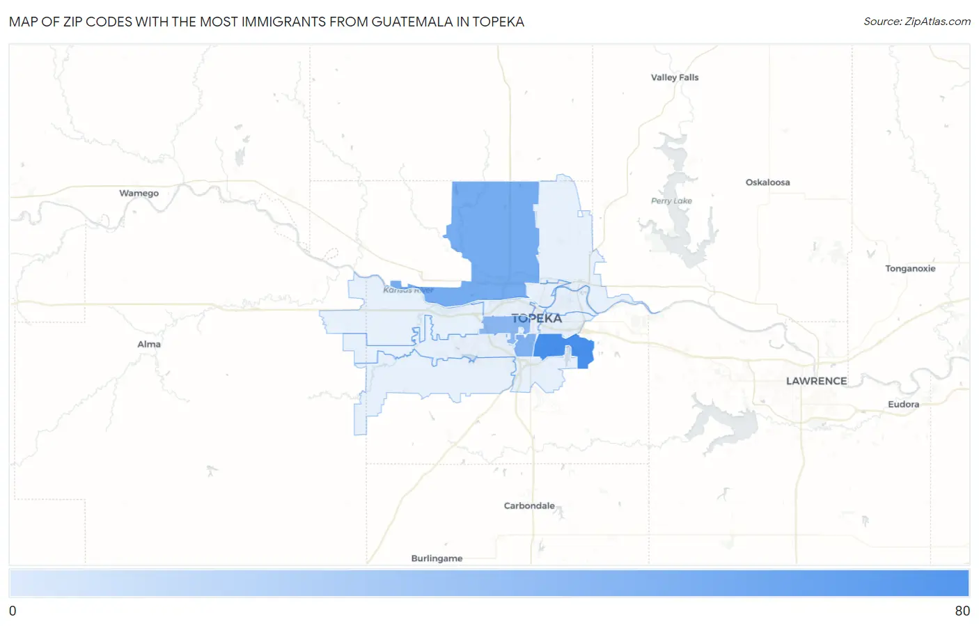 Zip Codes with the Most Immigrants from Guatemala in Topeka Map