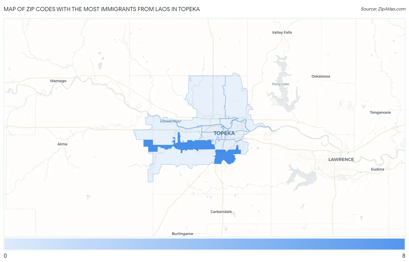 Zip Codes with the Most Immigrants from Laos in Topeka Map