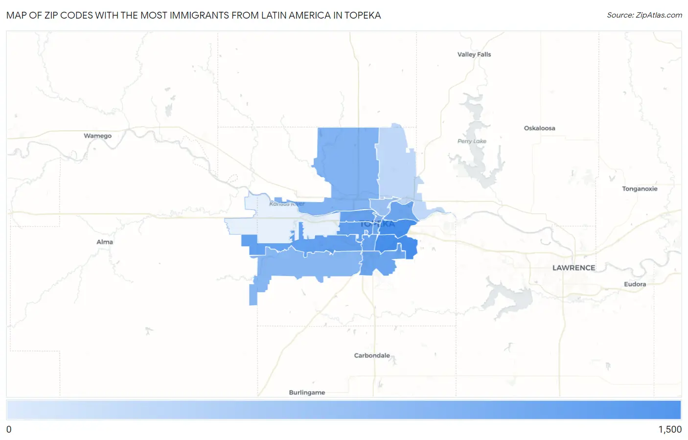 Zip Codes with the Most Immigrants from Latin America in Topeka Map