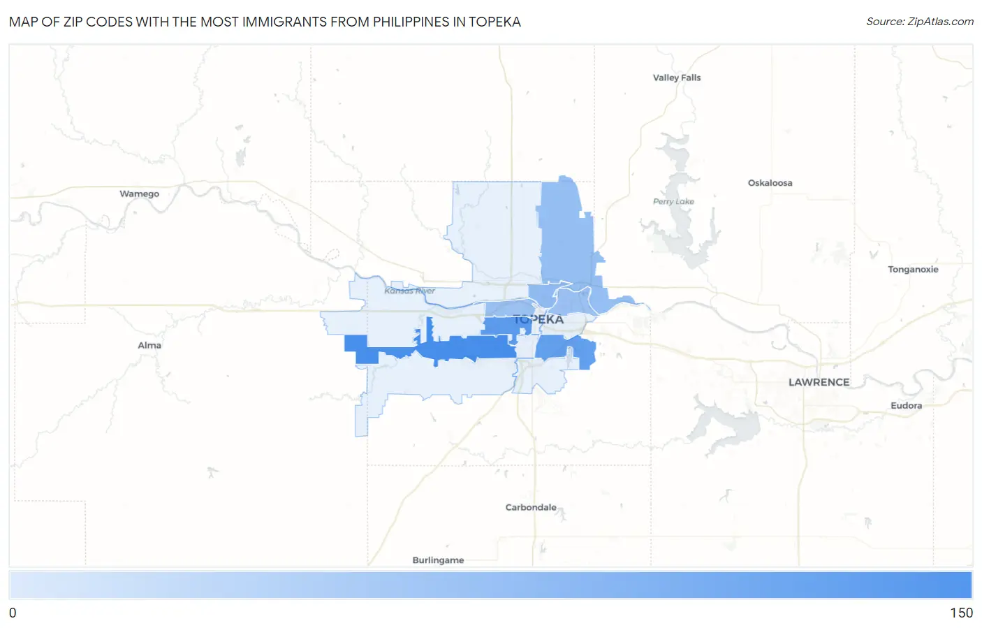 Zip Codes with the Most Immigrants from Philippines in Topeka Map