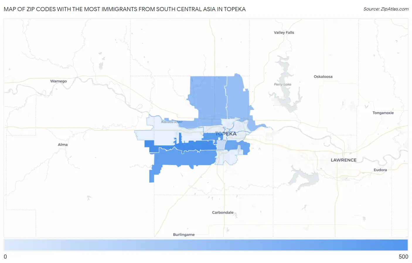 Zip Codes with the Most Immigrants from South Central Asia in Topeka Map