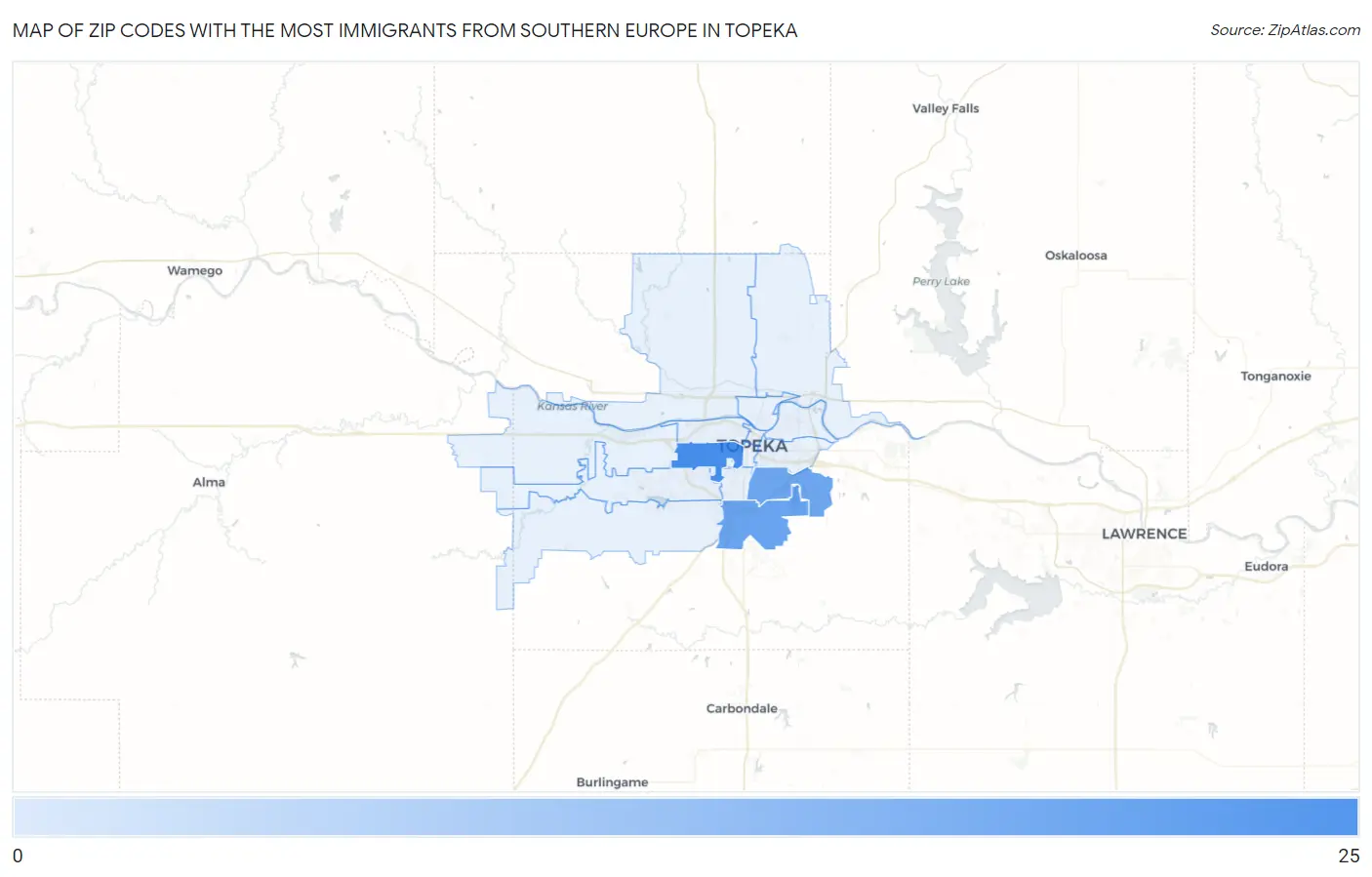 Zip Codes with the Most Immigrants from Southern Europe in Topeka Map