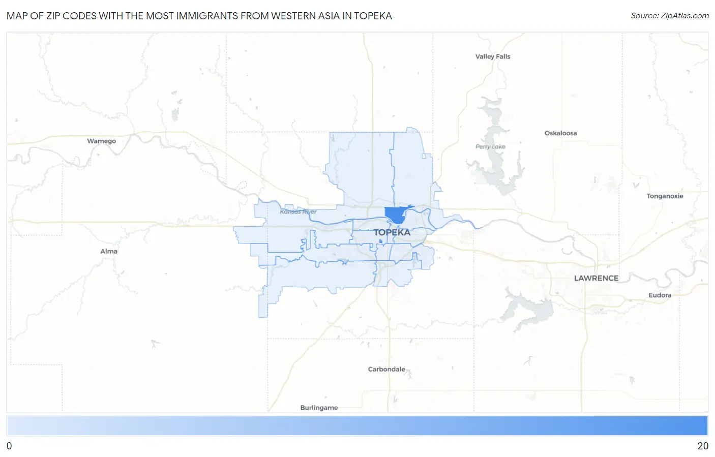 Zip Codes with the Most Immigrants from Western Asia in Topeka Map