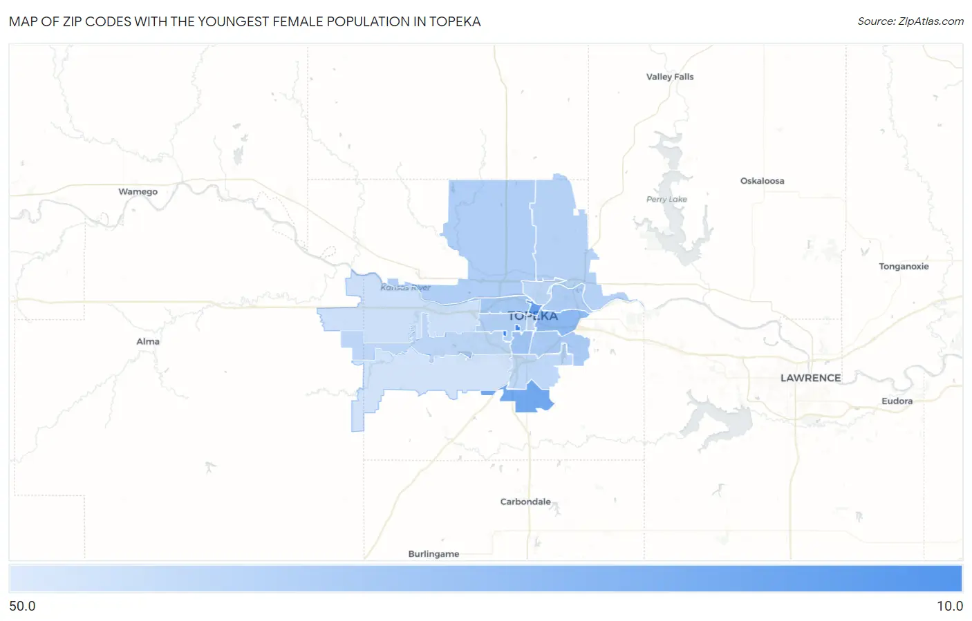 Zip Codes with the Youngest Female Population in Topeka Map