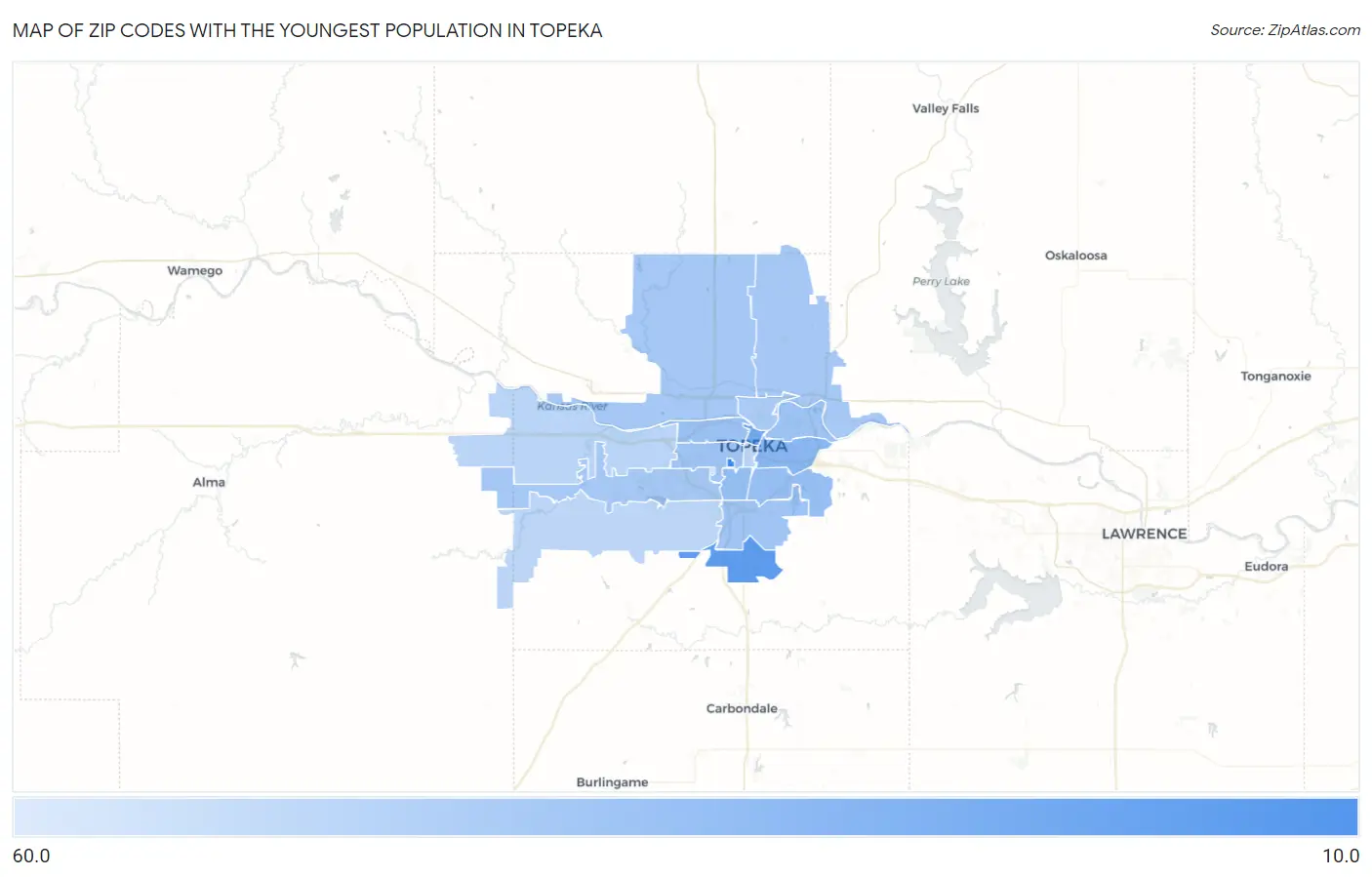 Zip Codes with the Youngest Population in Topeka Map