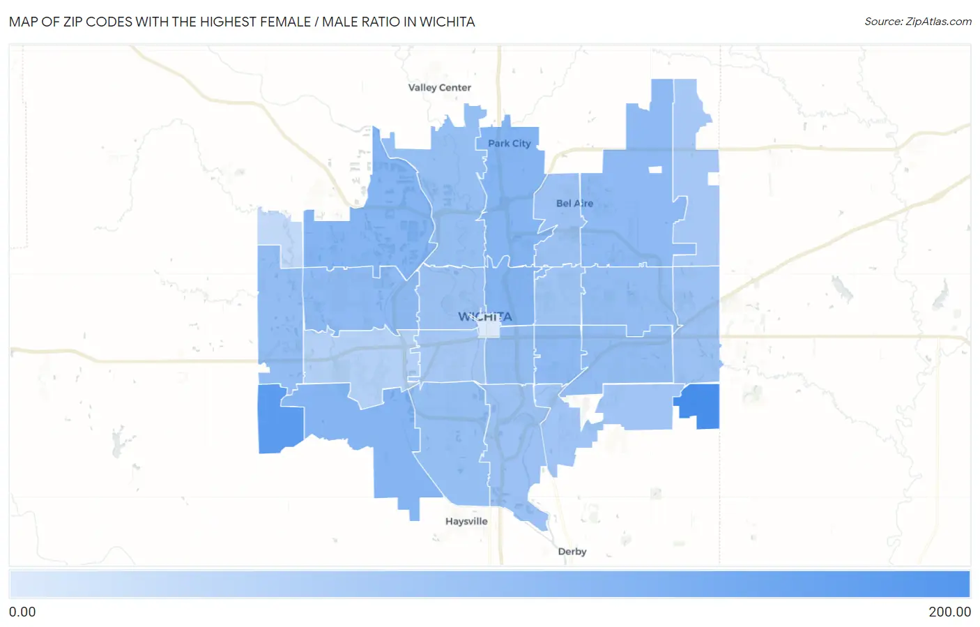 Zip Codes with the Highest Female / Male Ratio in Wichita Map