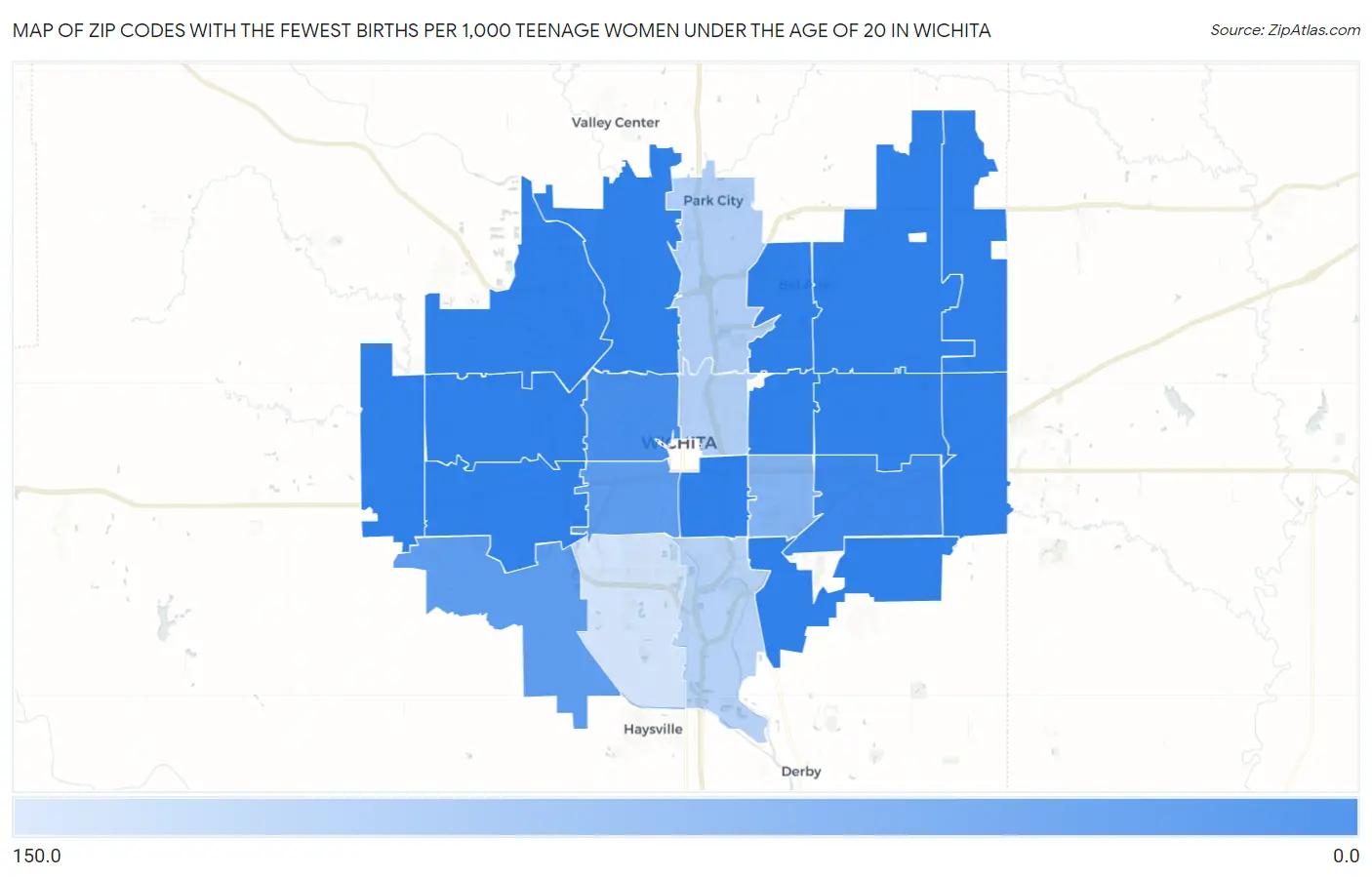 Zip Codes with the Fewest Births per 1,000 Teenage Women Under the Age of 20 in Wichita Map
