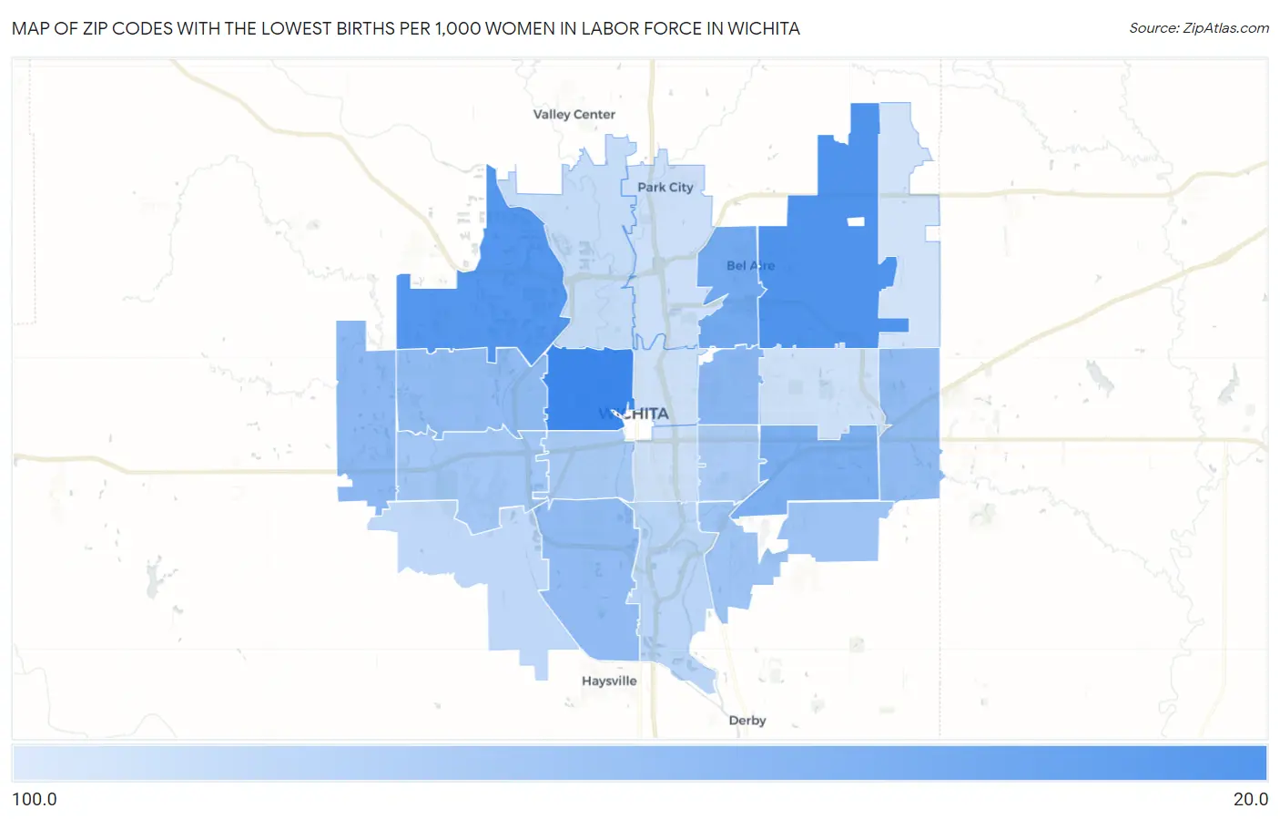 Zip Codes with the Lowest Births per 1,000 Women in Labor Force in Wichita Map
