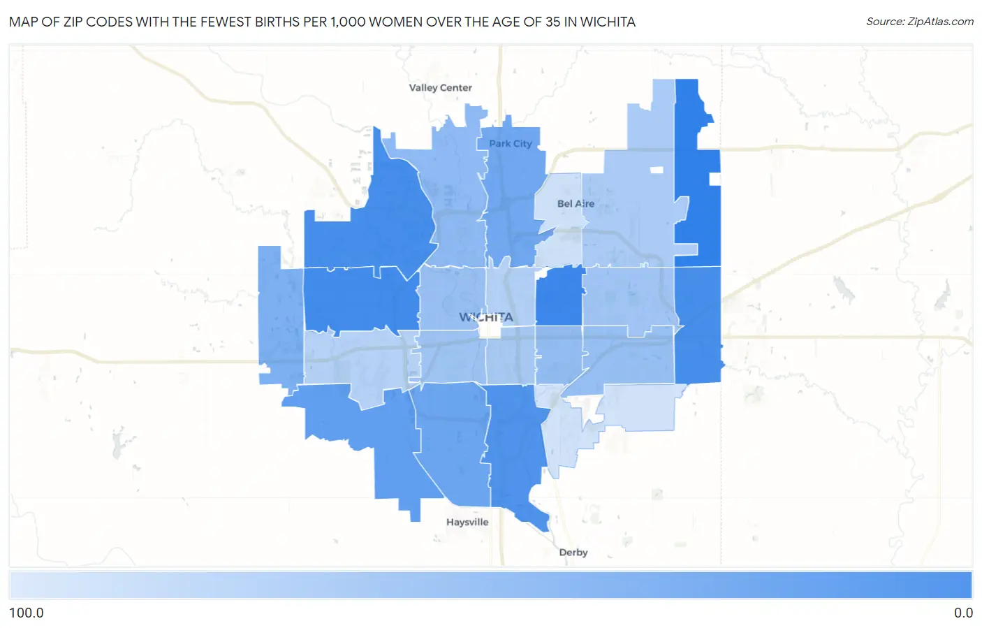 Zip Codes with the Fewest Births per 1,000 Women Over the Age of 35 in Wichita Map