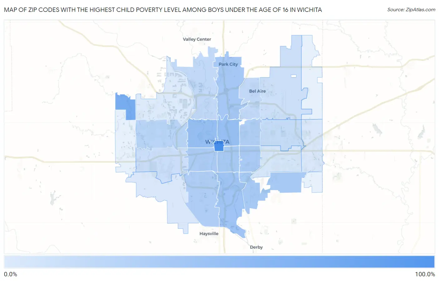 Zip Codes with the Highest Child Poverty Level Among Boys Under the Age of 16 in Wichita Map