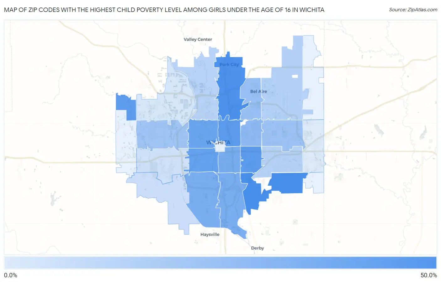 Zip Codes with the Highest Child Poverty Level Among Girls Under the Age of 16 in Wichita Map