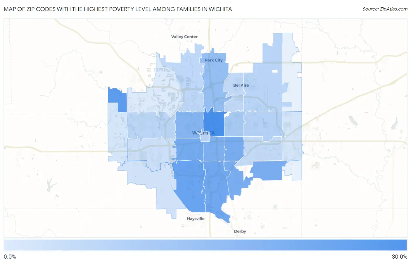 Zip Codes with the Highest Poverty Level Among Families in Wichita Map