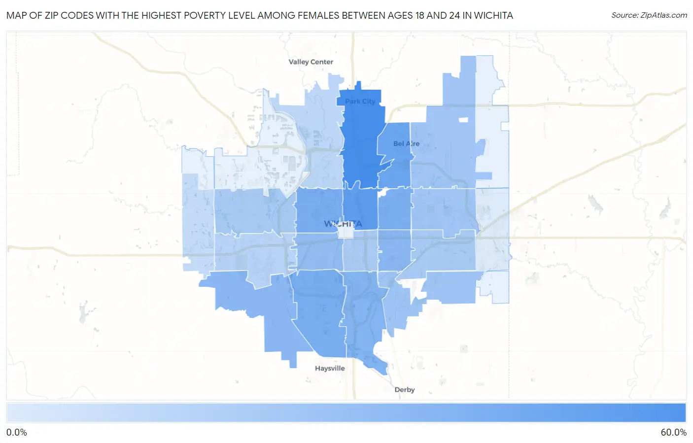 Zip Codes with the Highest Poverty Level Among Females Between Ages 18 and 24 in Wichita Map