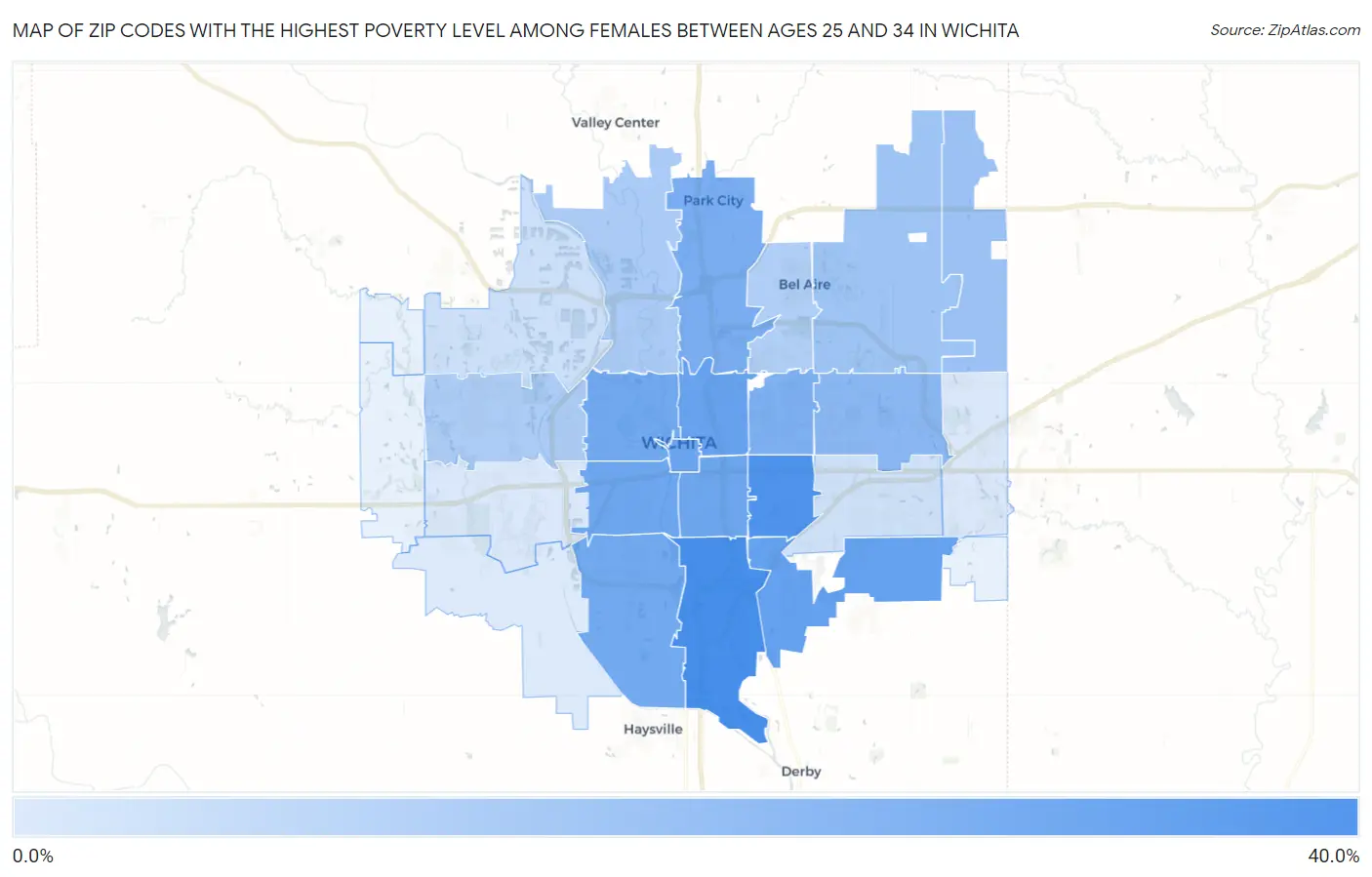 Zip Codes with the Highest Poverty Level Among Females Between Ages 25 and 34 in Wichita Map