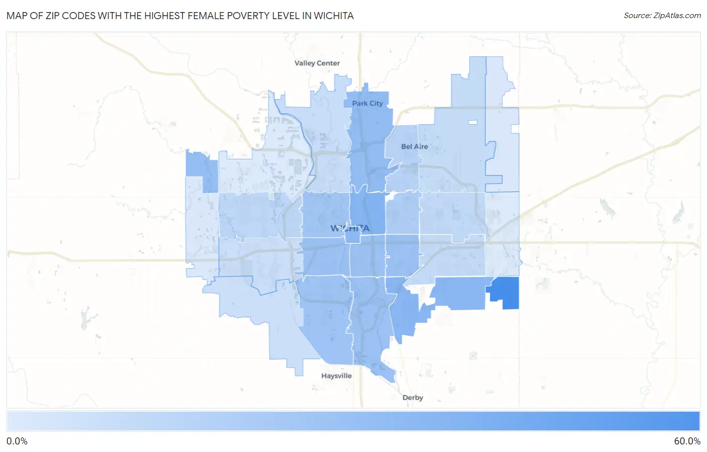 Zip Codes with the Highest Female Poverty Level in Wichita Map