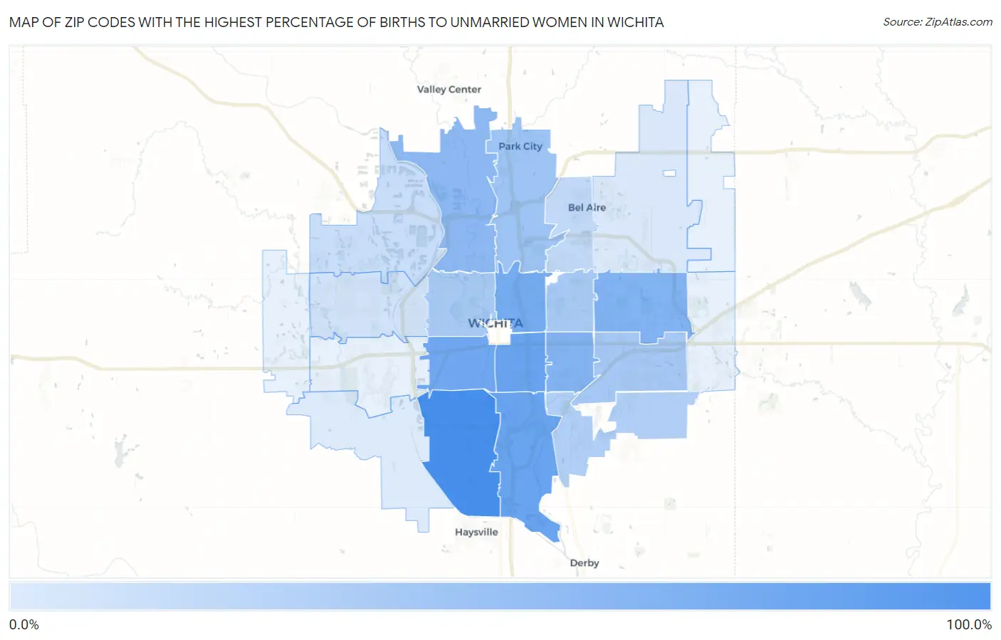 Zip Codes with the Highest Percentage of Births to Unmarried Women in Wichita Map