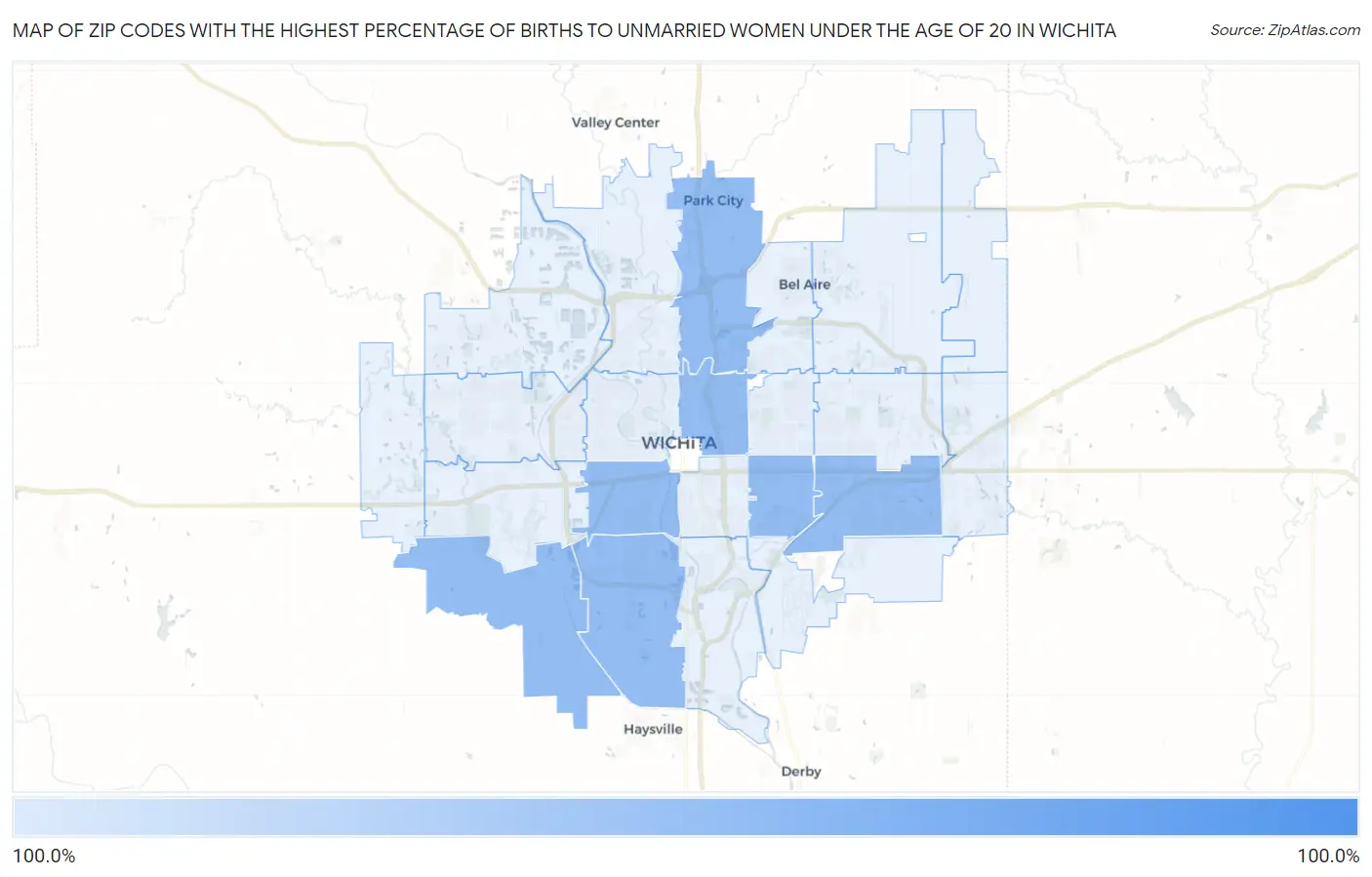 Zip Codes with the Highest Percentage of Births to Unmarried Women under the Age of 20 in Wichita Map