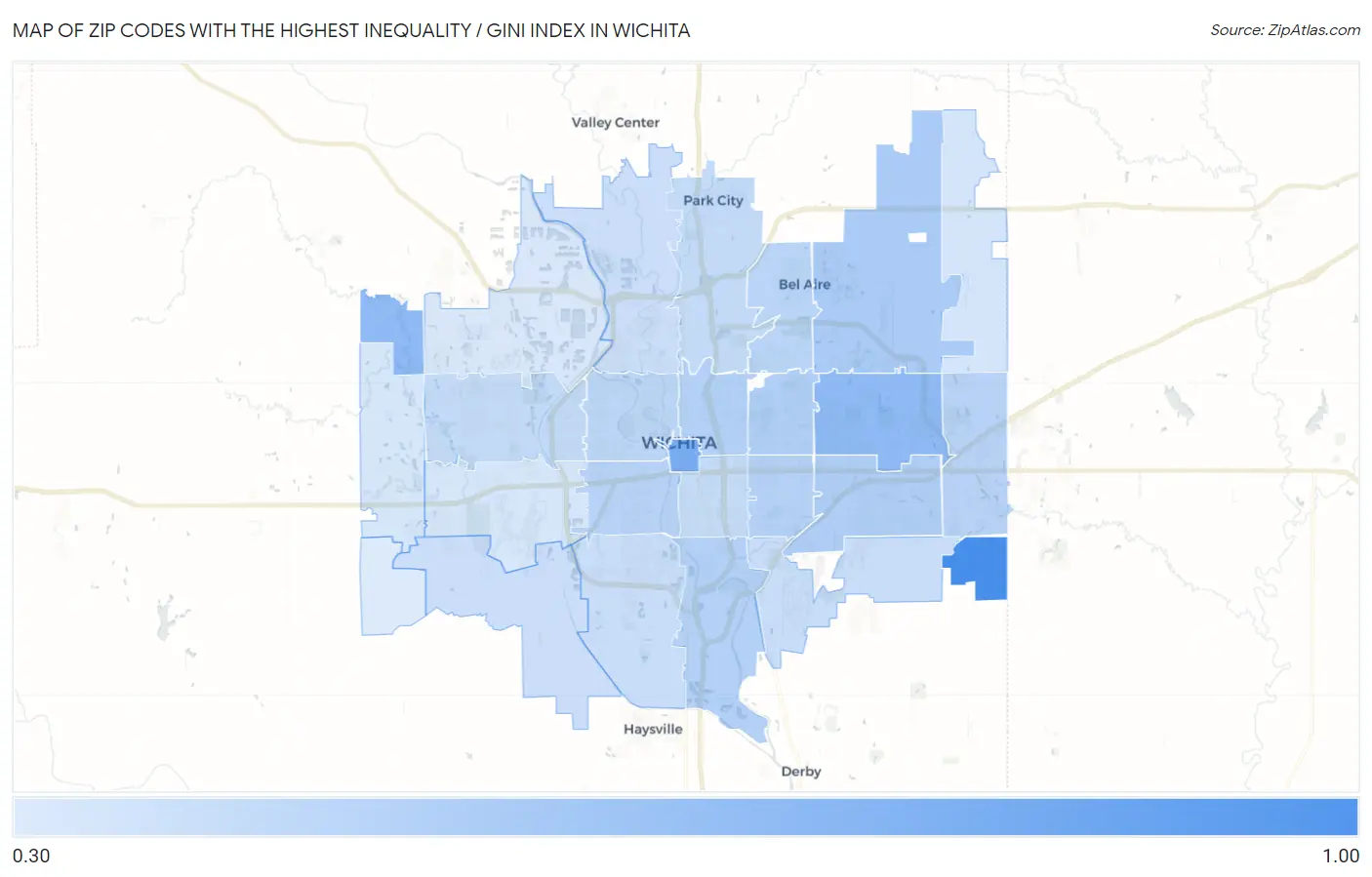 Zip Codes with the Highest Inequality / Gini Index in Wichita Map
