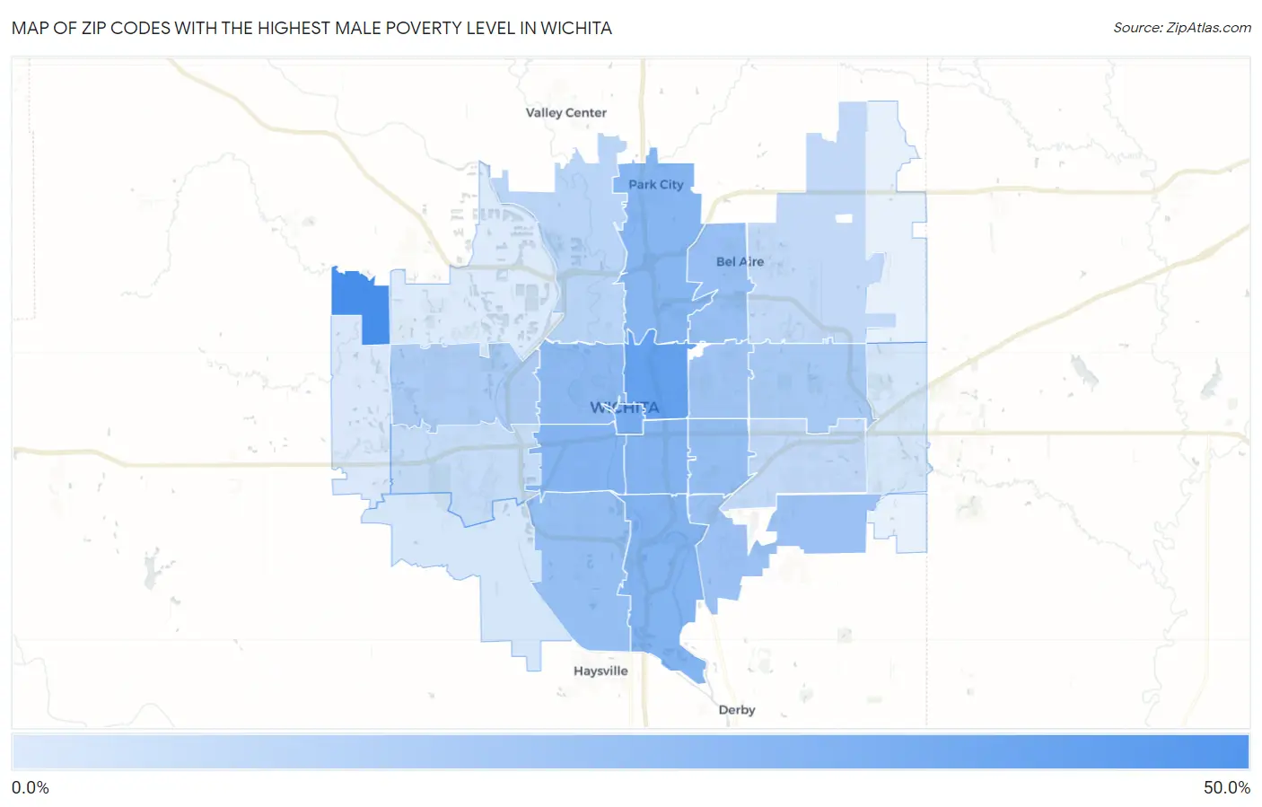 Zip Codes with the Highest Male Poverty Level in Wichita Map