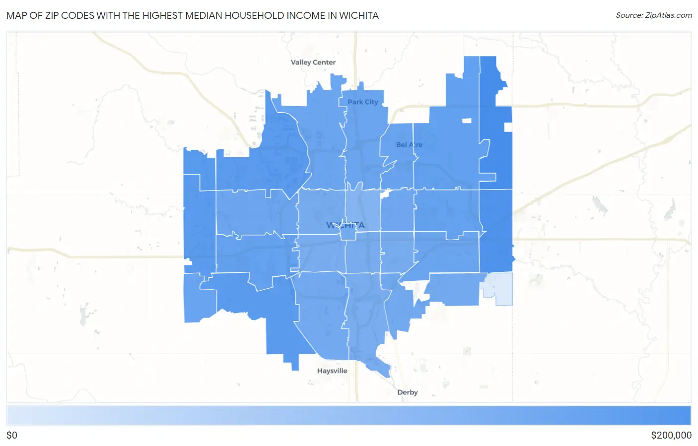 Zip Codes with the Highest Median Household Income in Wichita Map