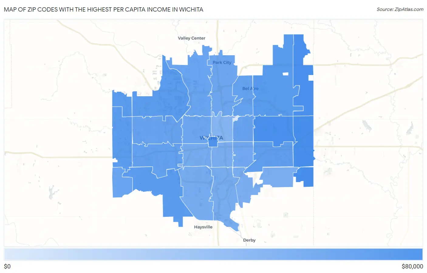 Zip Codes with the Highest Per Capita Income in Wichita Map
