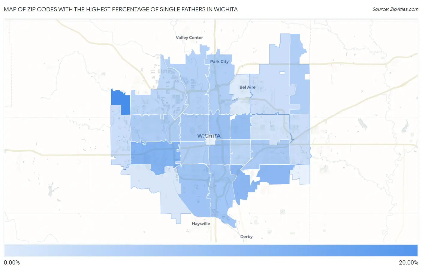 Zip Codes with the Highest Percentage of Single Fathers in Wichita Map