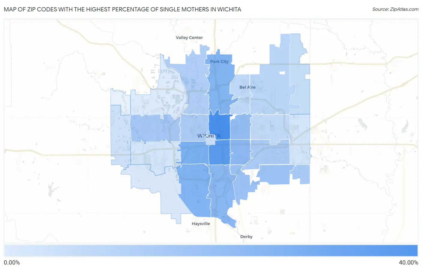 Zip Codes with the Highest Percentage of Single Mothers in Wichita Map